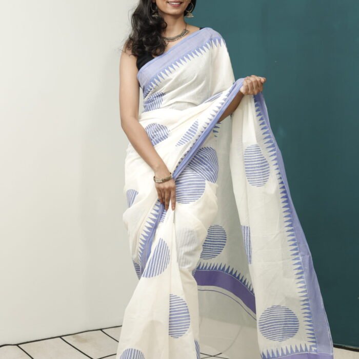 Timeless Elegance: The Kerala Saree with Blue Motifs and Purple Border