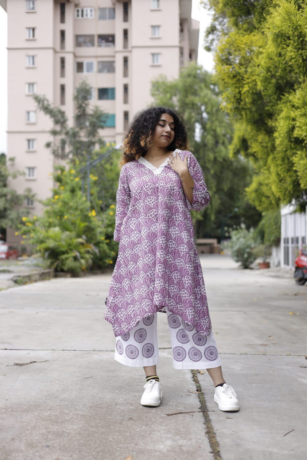 Purple and White Hand Block Printed Co-Ord Set