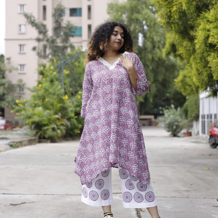 Purple and White Hand Block Printed Co-Ord Set