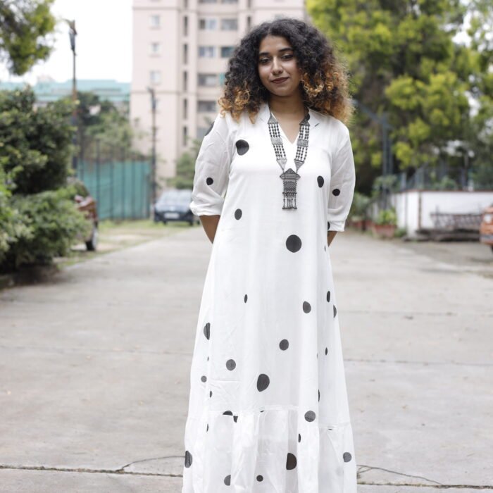 White Mul Cotton Polka Dot Printed Dress