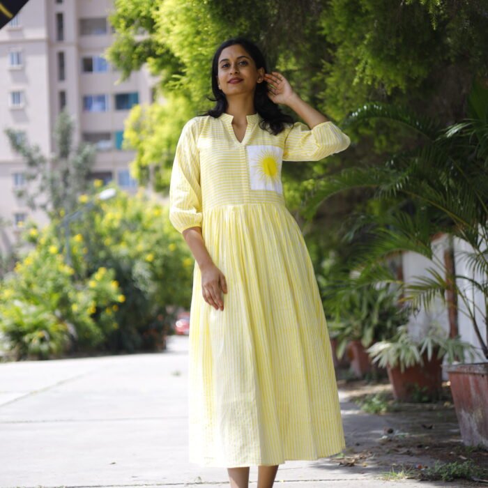 Yellow Striped Mul Cotton Dress