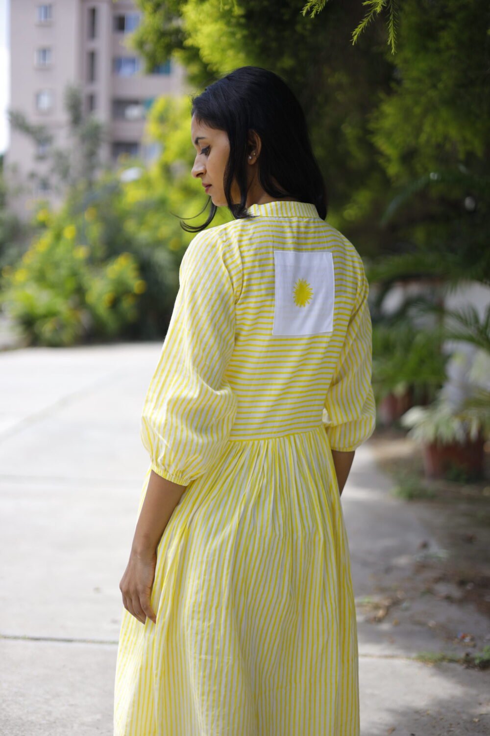 Yellow Striped Mul Cotton Dress - Image 3